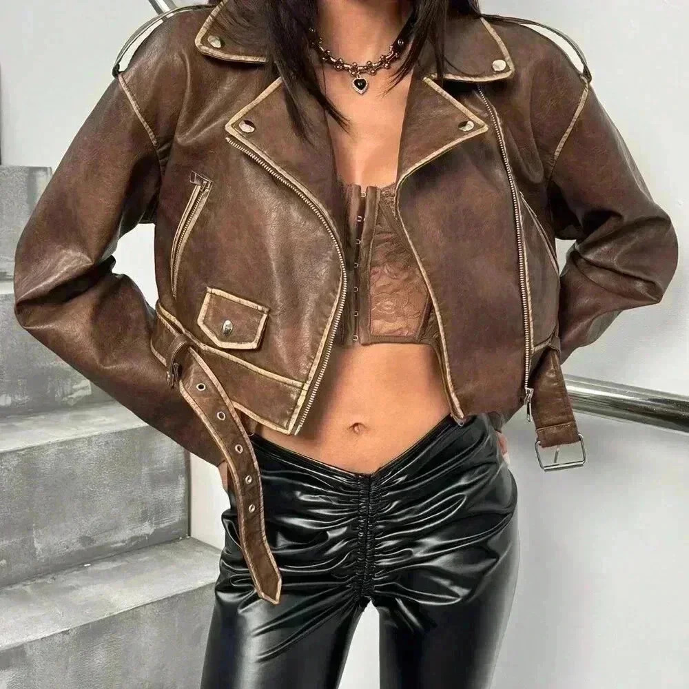 Brown Casual Women's Washed Fabric Moto Jacket - Picture 5 of 7
